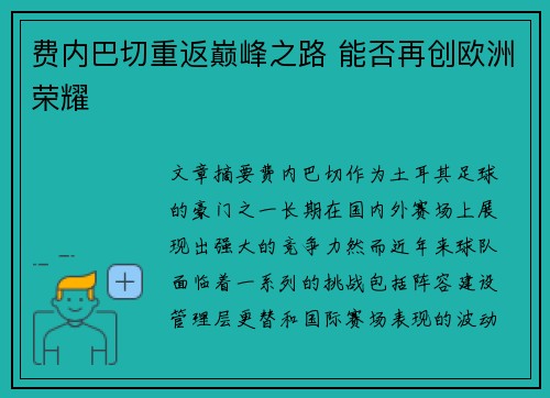 费内巴切重返巅峰之路 能否再创欧洲荣耀 费内巴切重返巅峰之路 能否再创欧洲荣耀